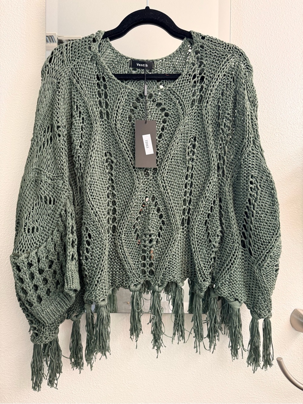 Venti6 Olive Green Open-Knit Fringe Poncho Sweater